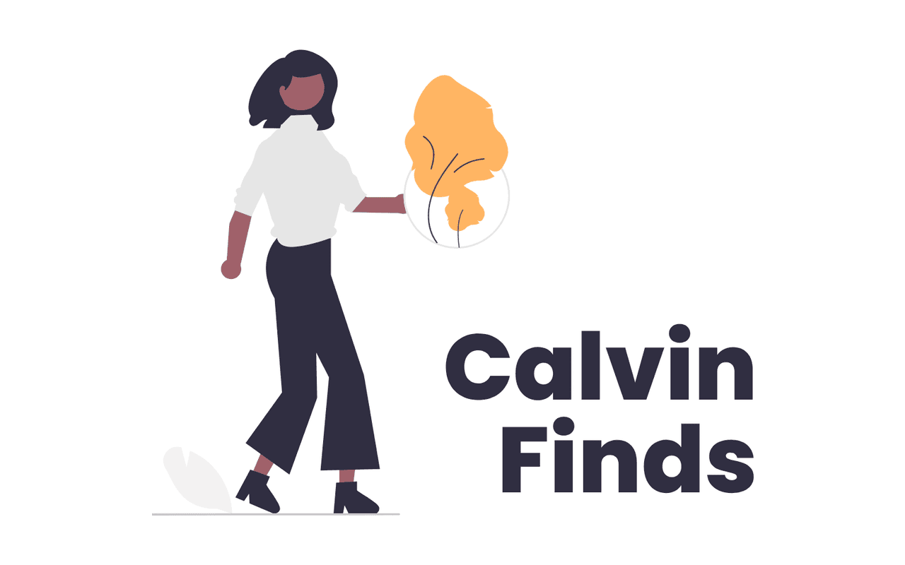 Calvin Finds logo: an illustrated figure holding a magnifying glass over a leaf, beside the wordmark.