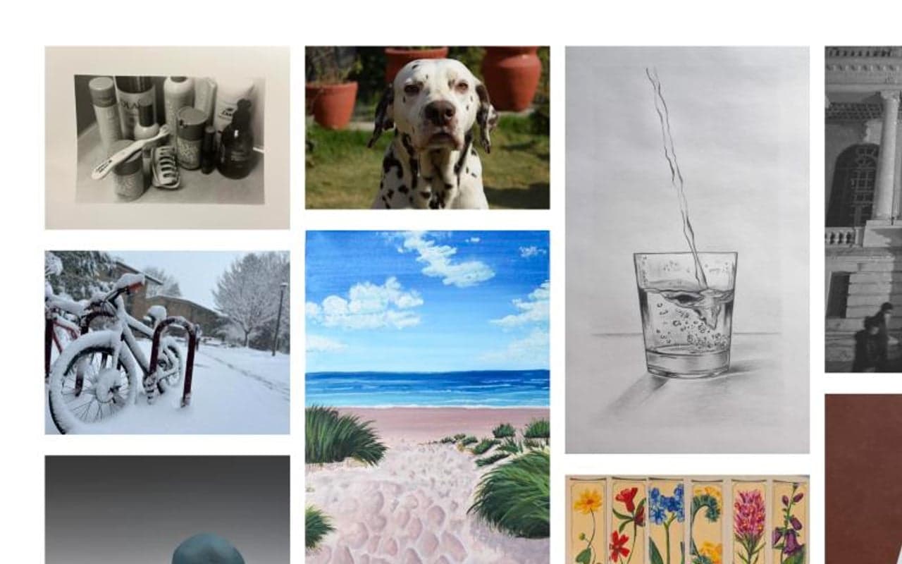 The Palette gallery grid: student paintings, drawings and photographs laid out in columns, including a beach landscape and a charcoal still life.