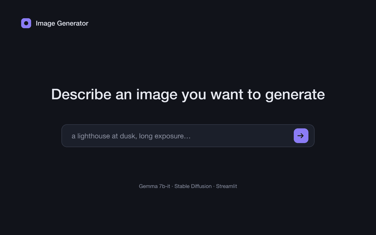 Dark app interface titled 'Image Generator', headed 'Describe an image you want to generate', with a text input and a send button.
